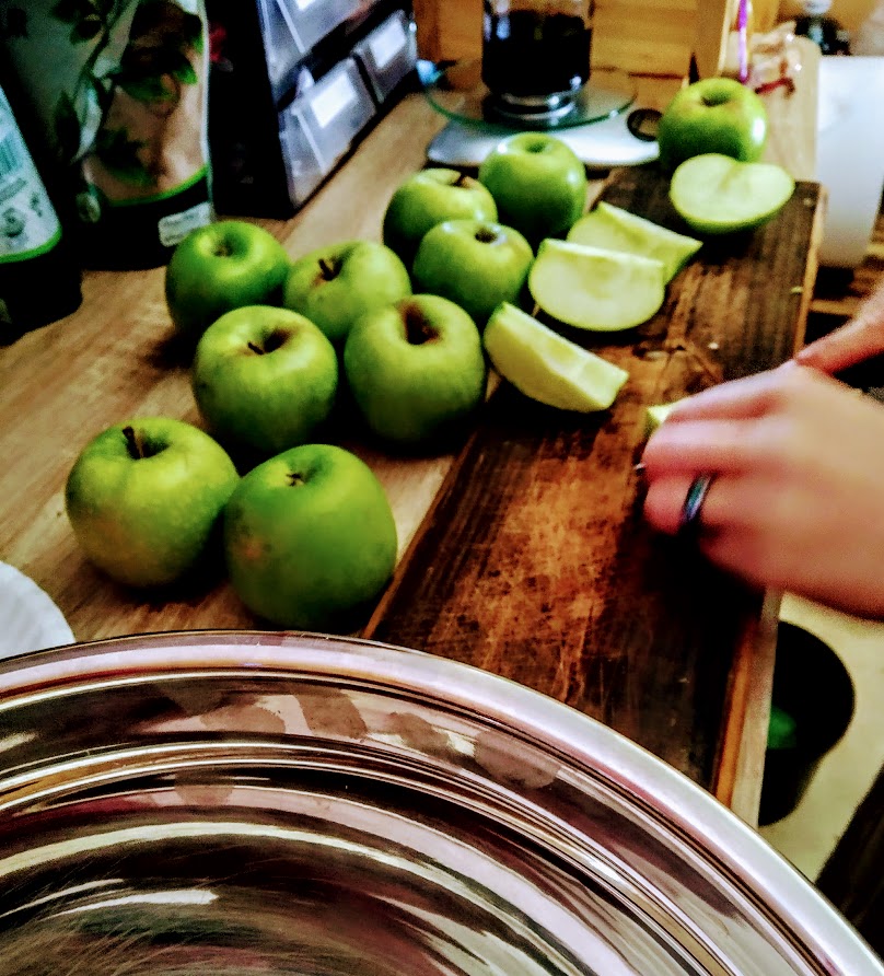 Alexia cutting up apples into smaller slices for the upcoming hard times cider.