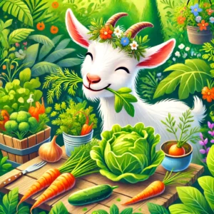 A cartoonlike drawing of a smiley goat eating some vegetables from a table